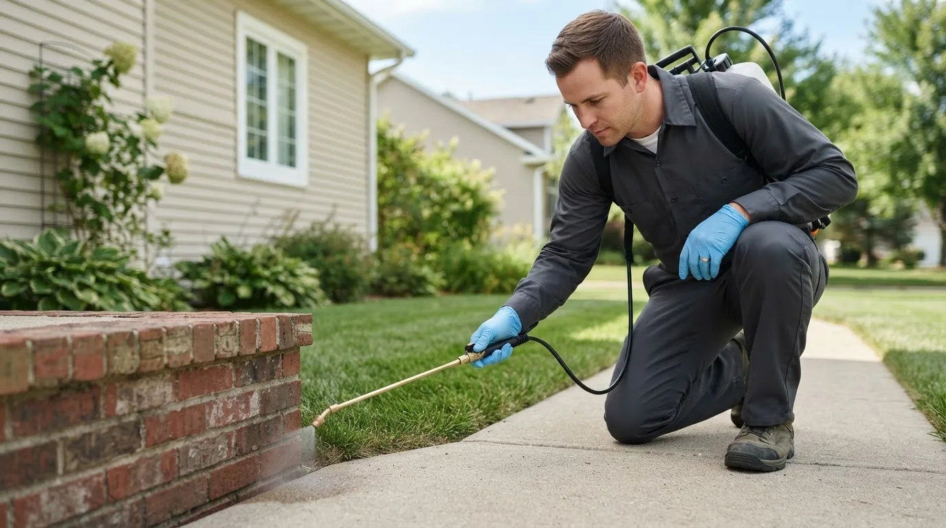 Pest control technician treating a home near North Branch, MN
